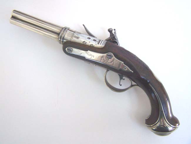 An EXCEPTIONALLY RARE  British Flintlock 'Paktong' Mounted Four Barrelled Naval Volley Pistol circa 1775 — image 2